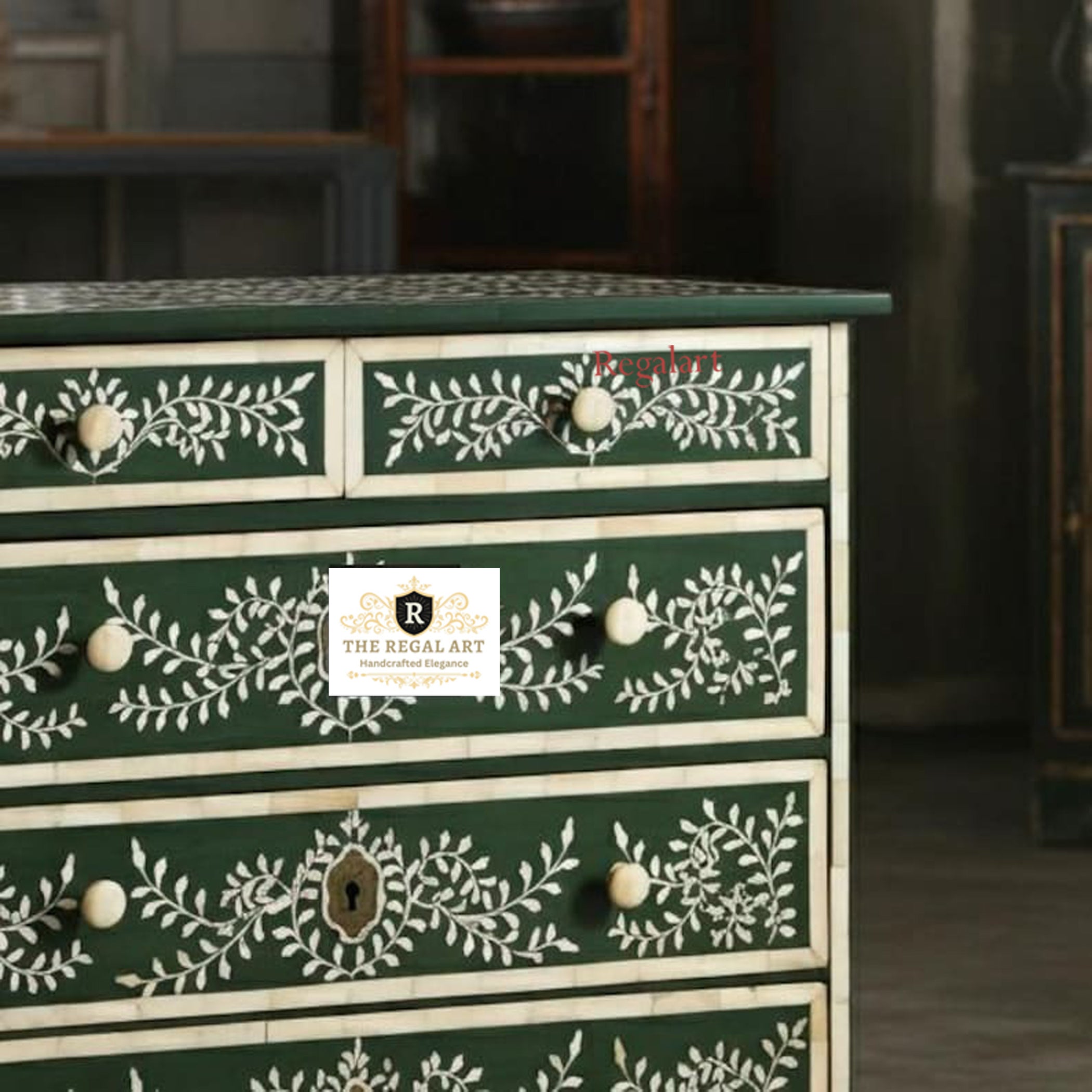 Five Drawer Bone Inlay Chest | Leaf Pattern Dresser | Dark Green Bone Inlay Chest | Dressers for home | 5 Drawers Chest for home
