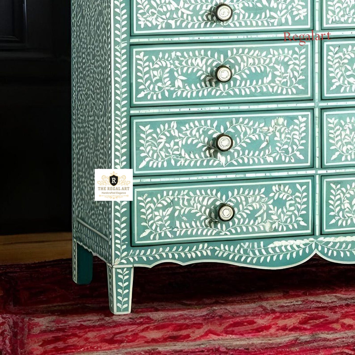 Luxury Floral Bone Inlay Dresser | Eight Drawers | Elegant Handmade Decor