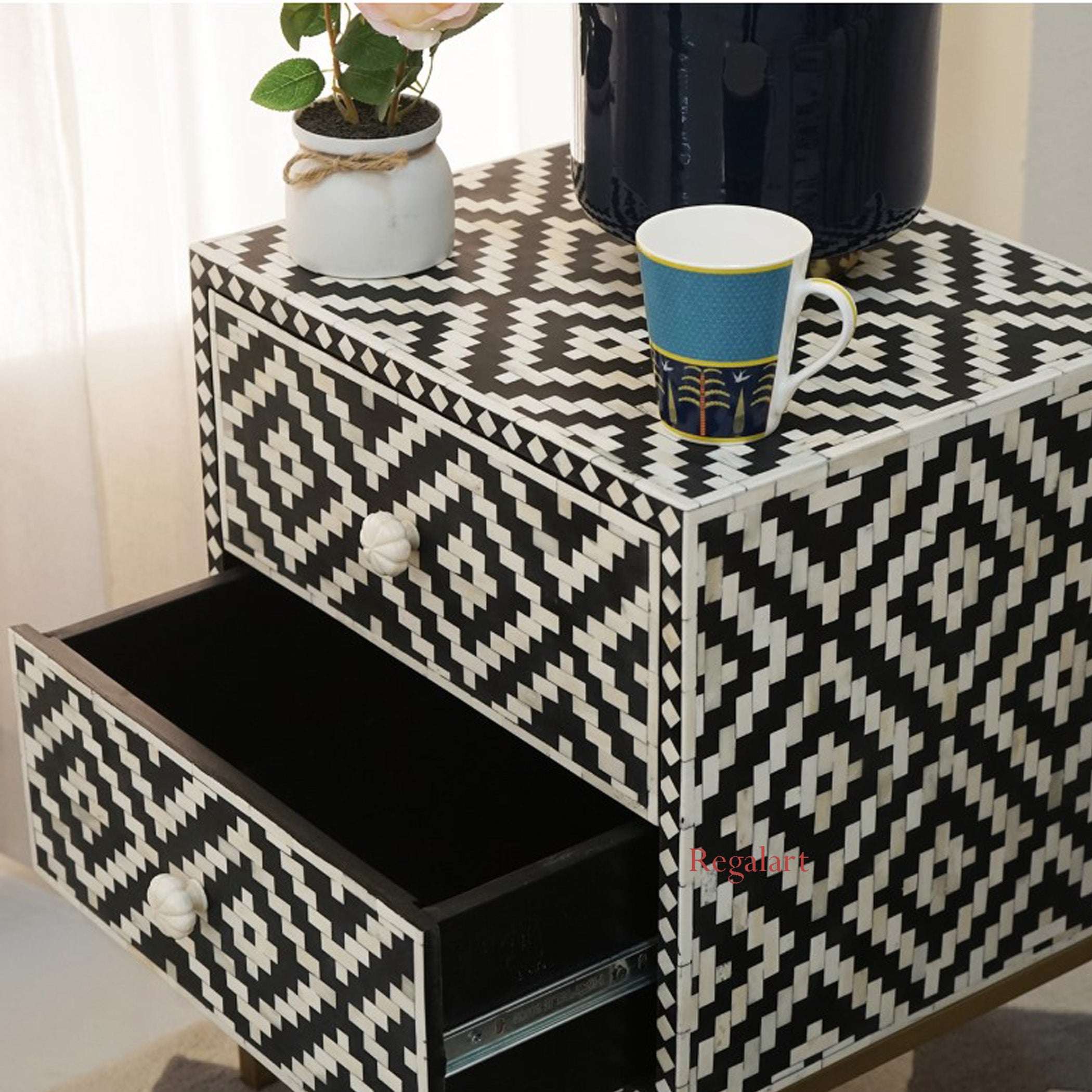 Handmade Bone Inlay Nightstand | 2-Drawer Side Table