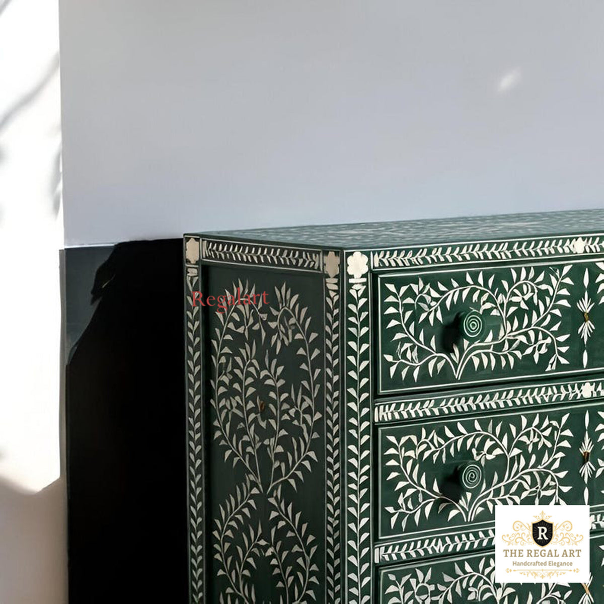 Close-Up of Handmade Green Bone Inlay Chest Showcasing Intricate Floral Inlay Craftsmanship