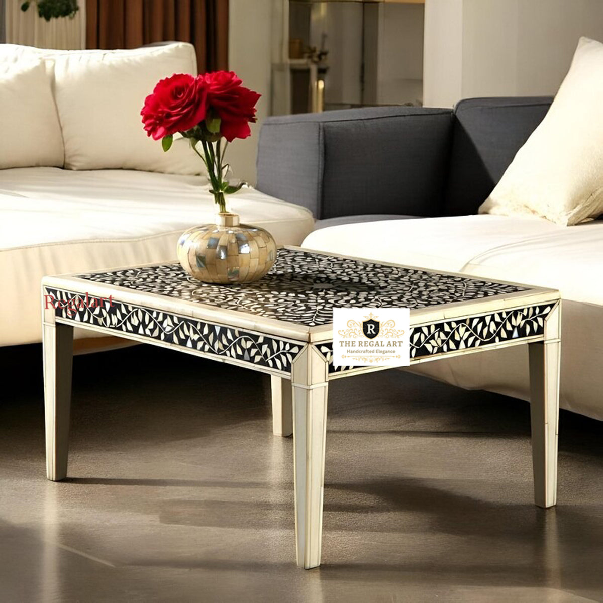 Handmade Floral Bone Inlay Coffee Table with Four Legs for Luxury Living Room Décor