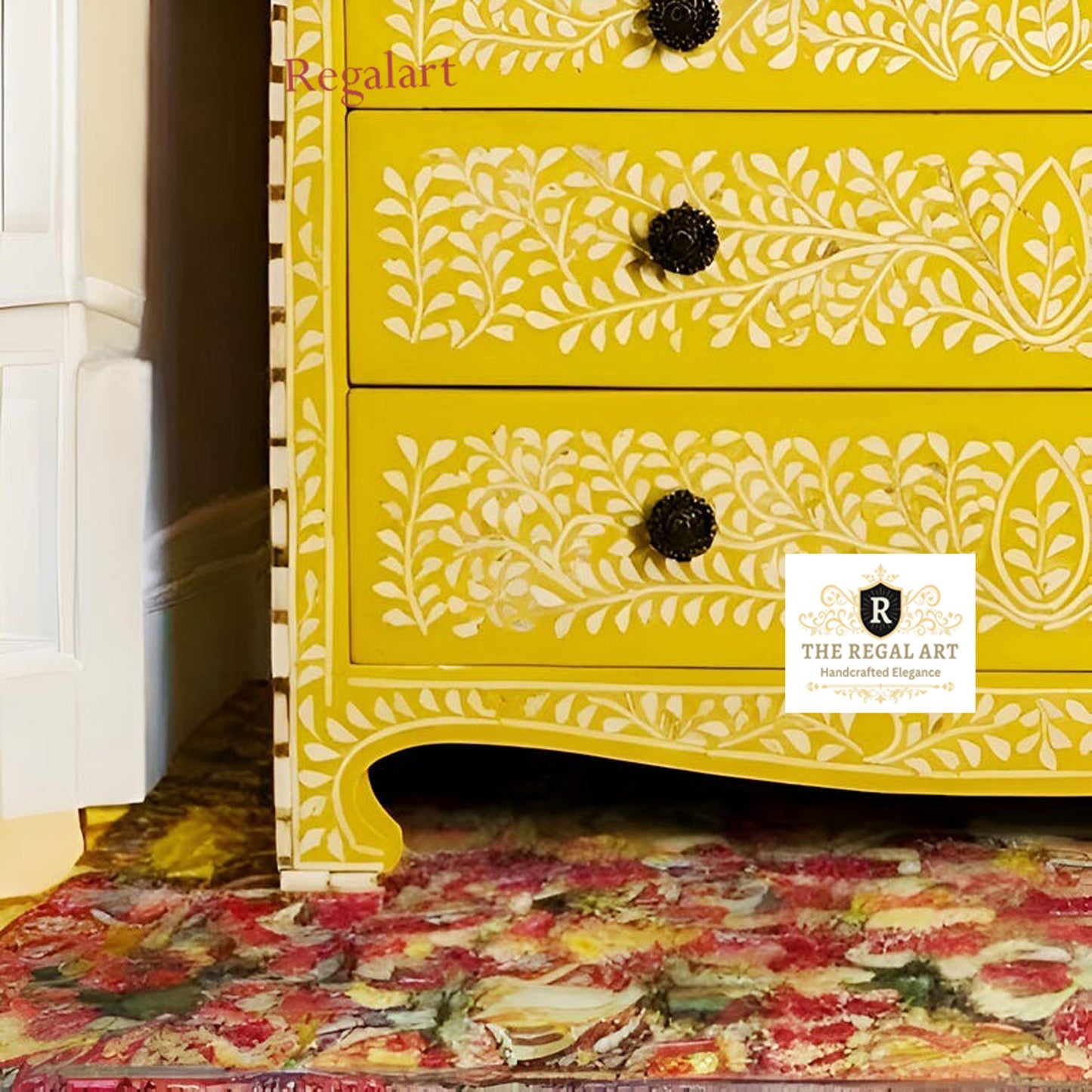 Bone Inlay Three Drawer Chest | Yellow Floral Dresser | Home Decor