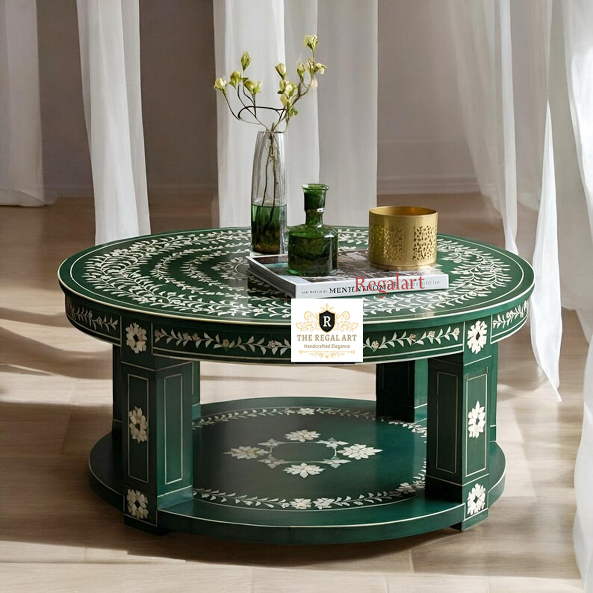 Handcrafted Round Green Bone Inlay Coffee Table with Floral Pattern and Double Shelf for Luxury Living Room Décor
