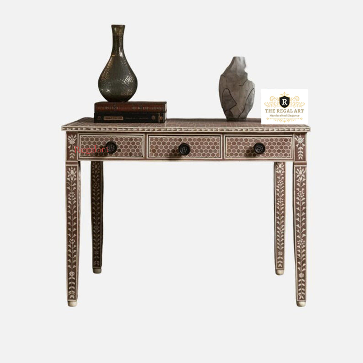 Premium Pink Bone Inlay Desk Featuring Three Drawers and Handcrafted Leaf Inlay Design