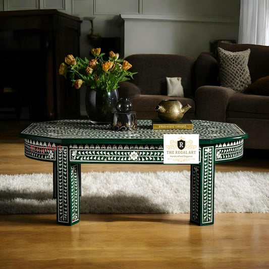 Handcrafted Double Shelf Bone Inlay Floral Coffee Table