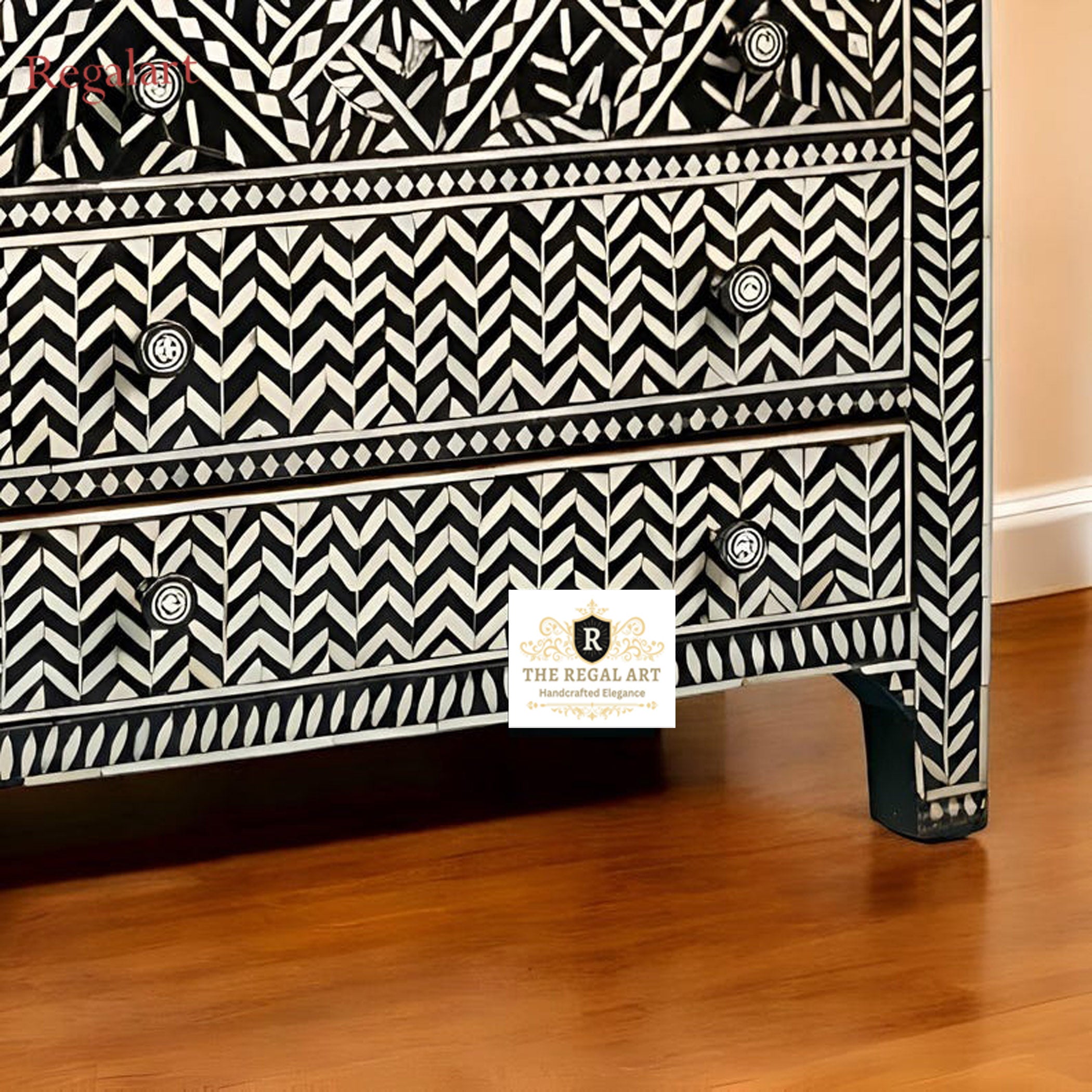 Handmade KitKat Pattern Bone Inlay Dresser – Zed Black 3 Drawer Chest for Bedroom & Living Room