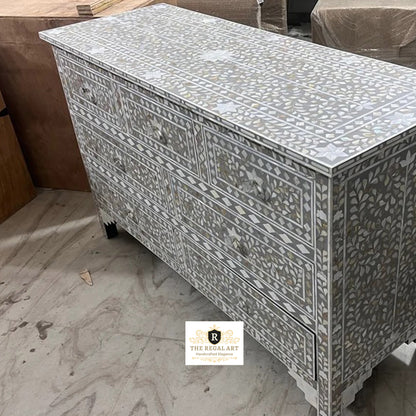 Mother of Pearl 7 Drawer Dresser Handmade Floral Pattern Sideboard Furniture White, Mother Of Pearl Chest of drawer