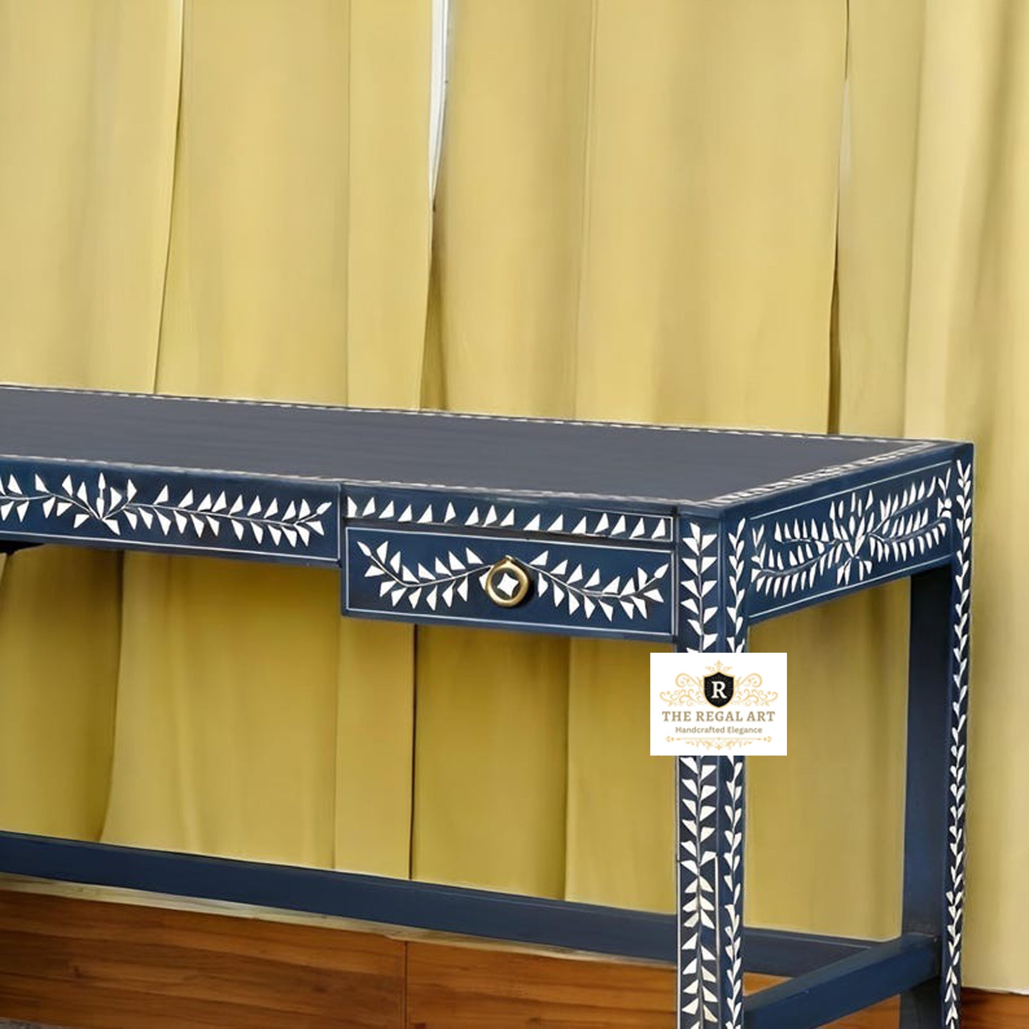 Floral pattern Bone Inlay work desk | Blue Inlay Desk | Desk with Footrest  Bone Inlay Desk | Navy Blue Desk