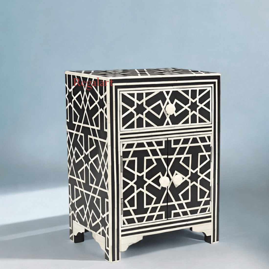 Luxury Geometric Bone Inlay Table | 1 Drawer 1 Door
