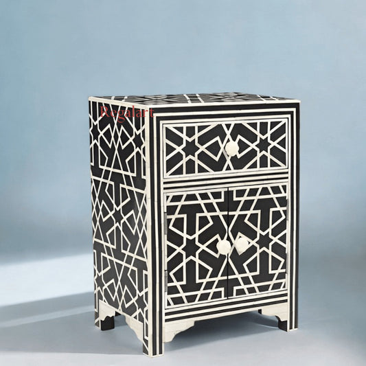 Bone Inlay Bedside Table with Geometrical Pattern | One Drawer & One Door Nightstand | Bedroom Living Room Furniture