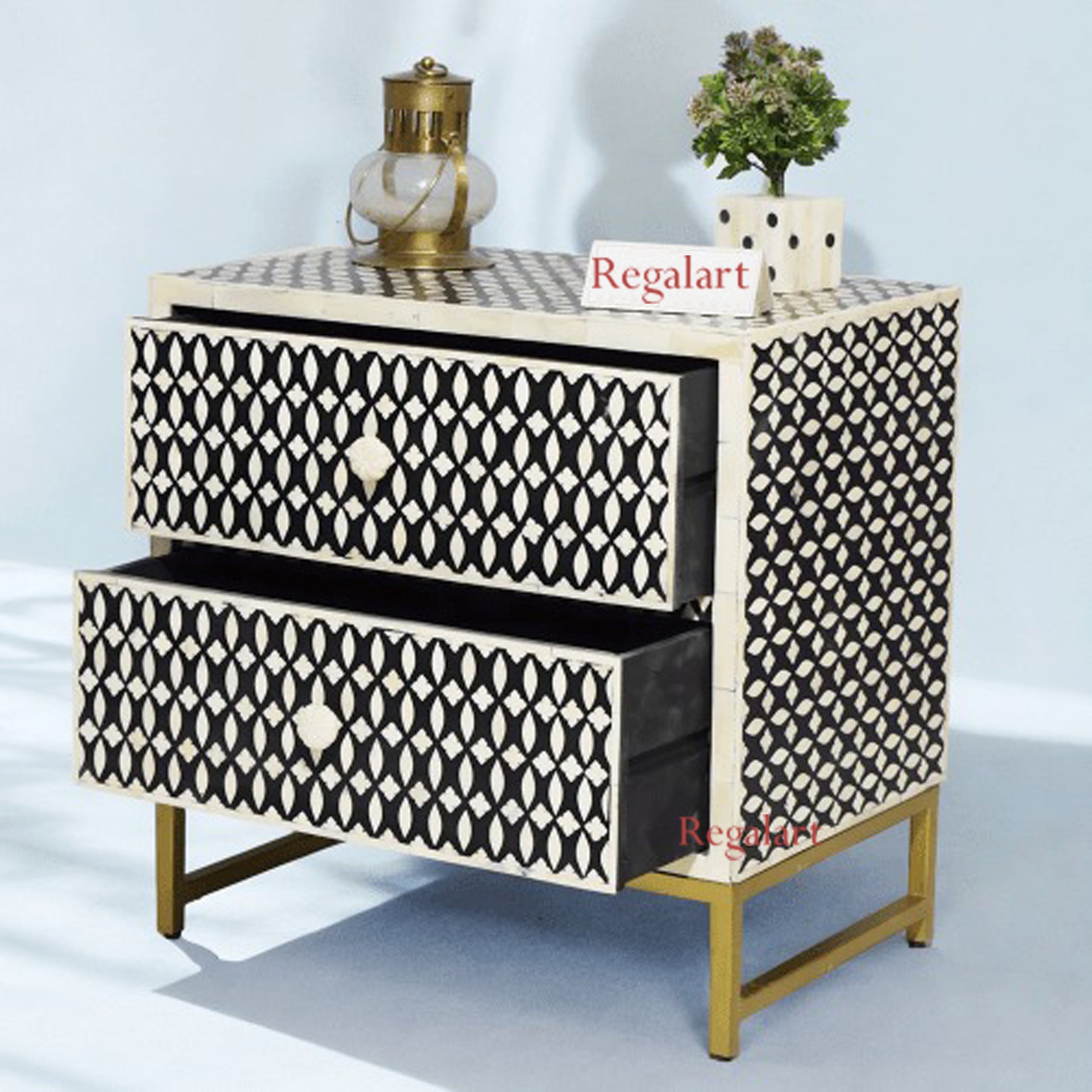 Bone Inlay Eye Pattern Black 2 Drawers Bedside Table - Exauisite Handmade Bedroom Furniture