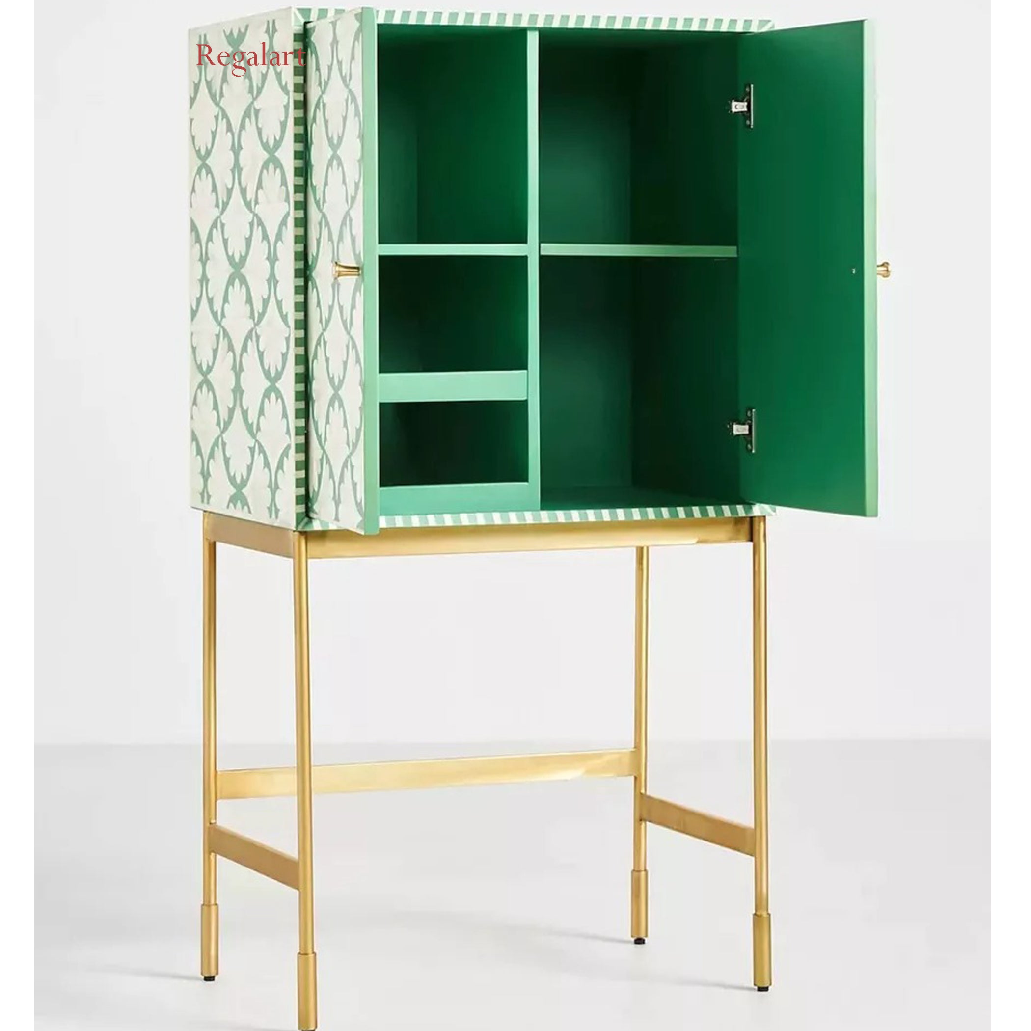 Bone Inlay Bar Cabinet, Leafy Unit In Teal Finish Modern Pattern Home Décor