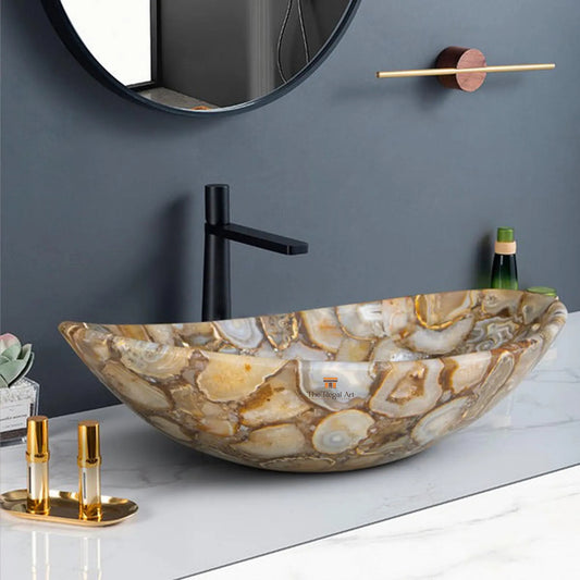 Golden Agate Stone Sink: Luxury Handmade Bathroom Vessel Basin