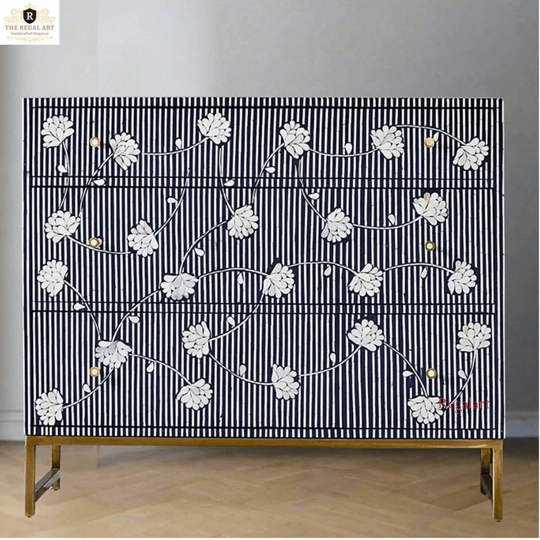 Bone Inlay Chest Indigo Floral | Luxury 3-Drawer Dresser