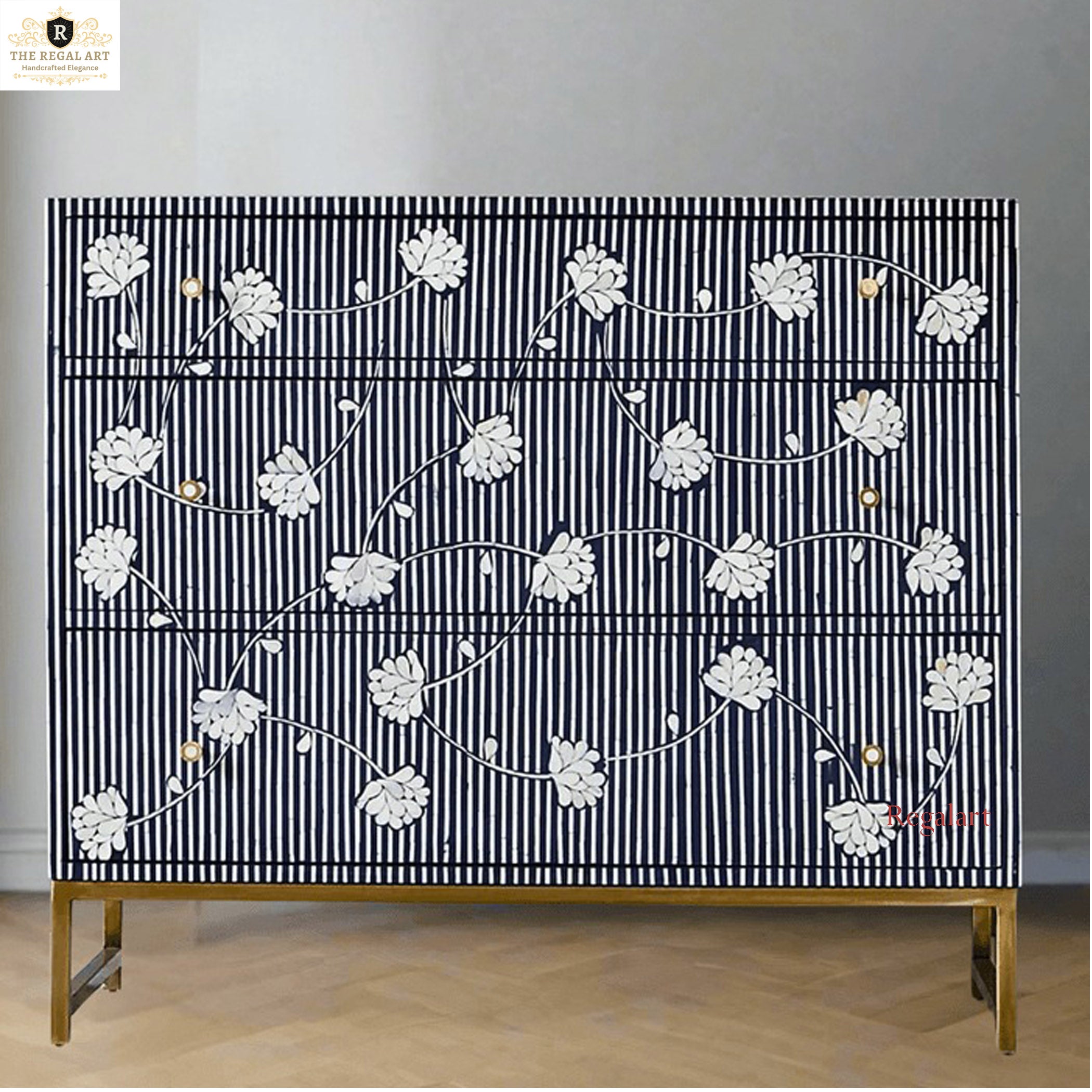 Bone Inlay Chest Indigo Floral | Luxury 3-Drawer Dresser