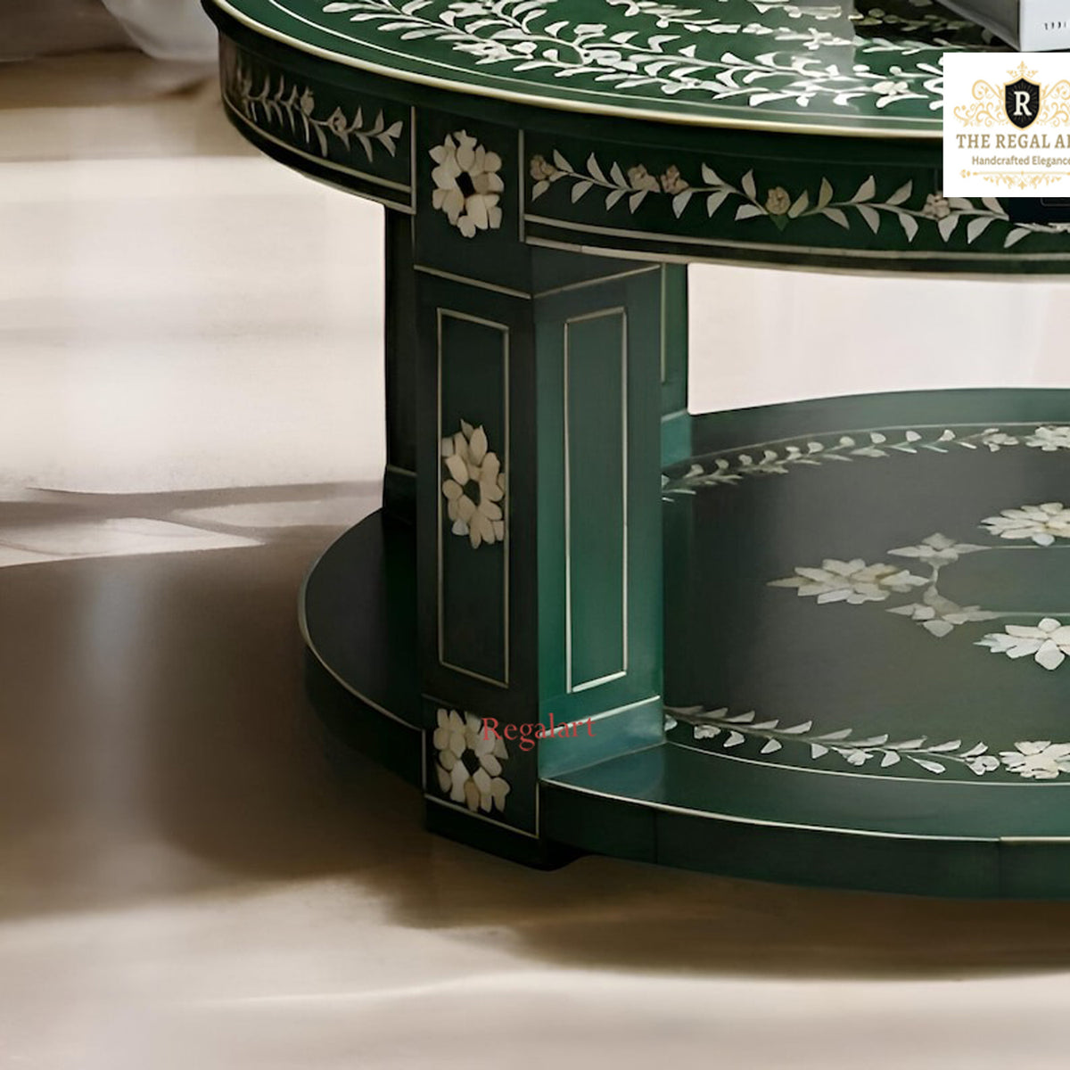 Close-Up of Handmade Green Bone Inlay Coffee Table Showcasing Intricate Floral Inlay Craftsmanship