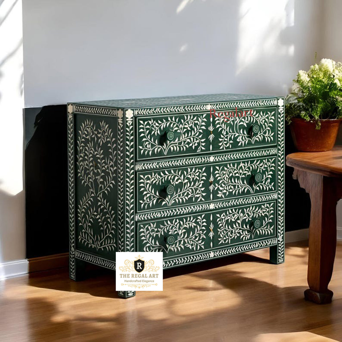 Handmade Green Bone Inlay 3 Drawer Chest with Floral Pattern for Luxury Bedroom and Living Room Storage