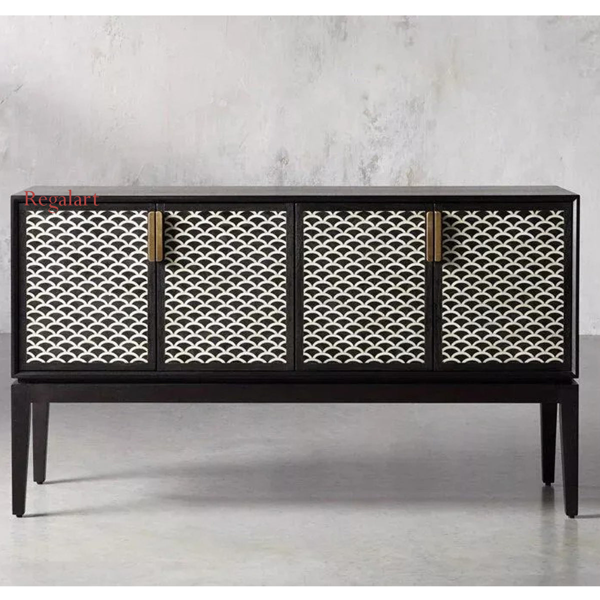Elegant bar cabinet with bone inlay fish scale pattern on the doors, in black color, with metal handles.