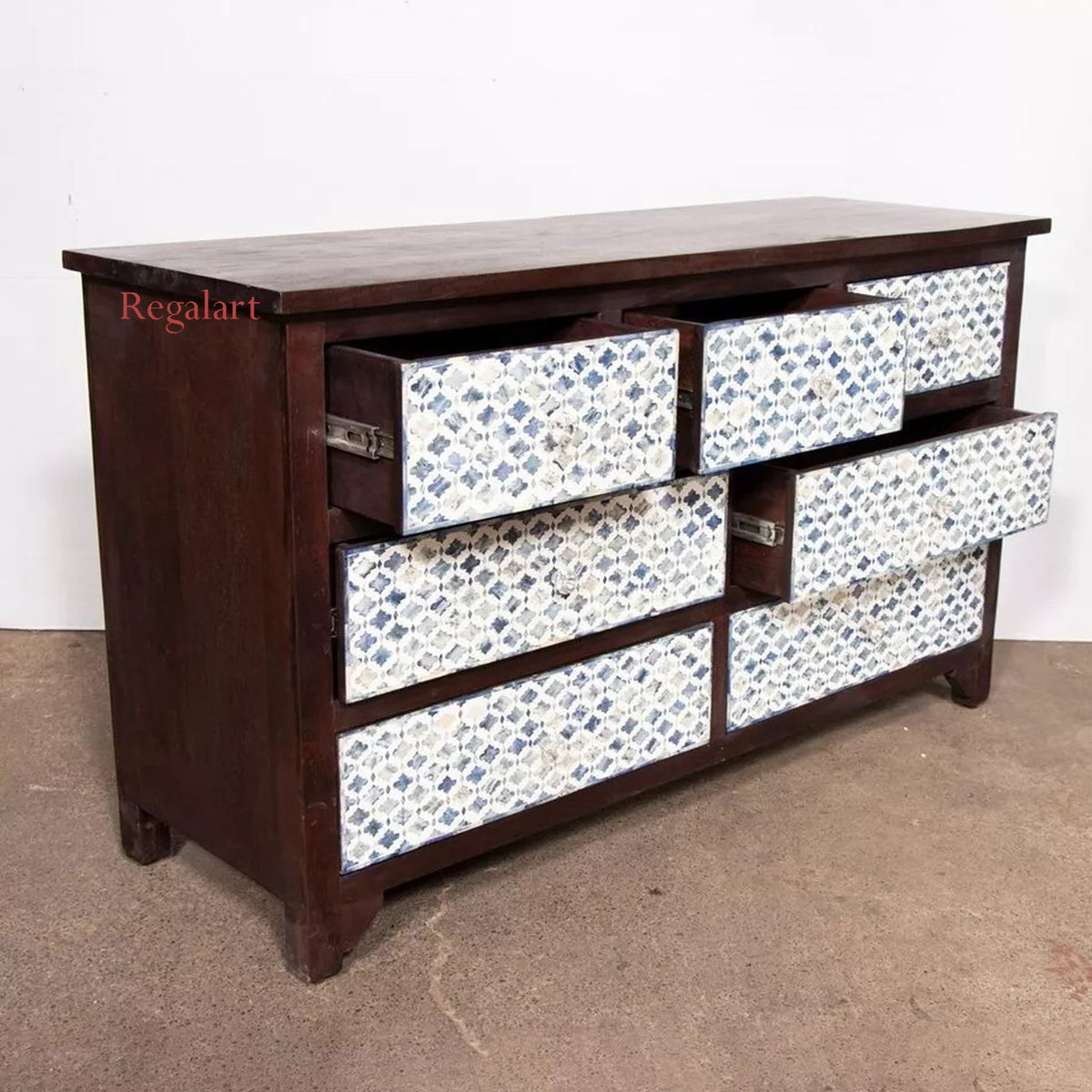 Handmade Wooden Bone Inlay 7-Drawer Dresser with Blue Floral Pattern and Solid Wood Frame
