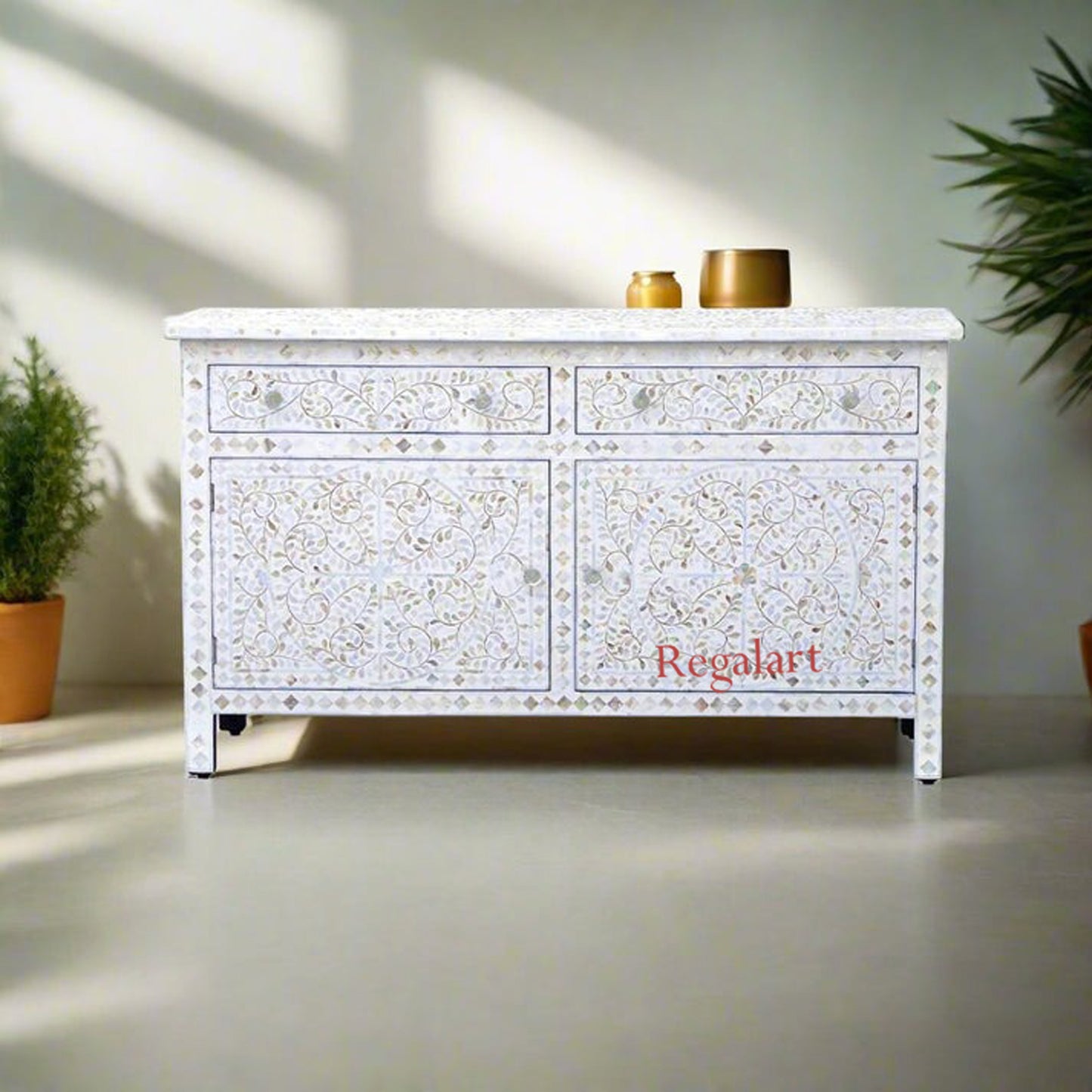 Mother of Pearl Inlay Buffet Sideboard - Floral Design Cabinet