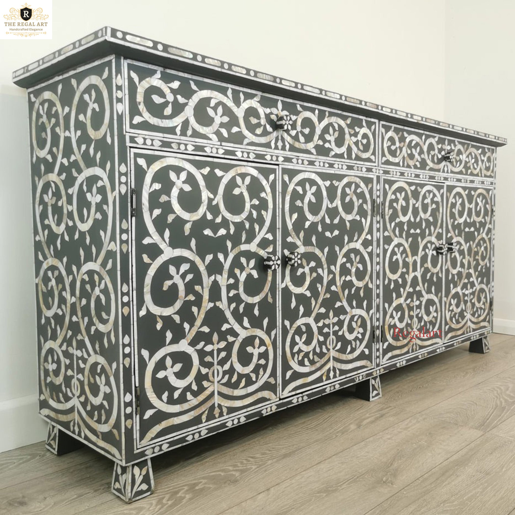 Handmade Charcoal MOP Sideboard | Vine Inlay Luxury Furniture