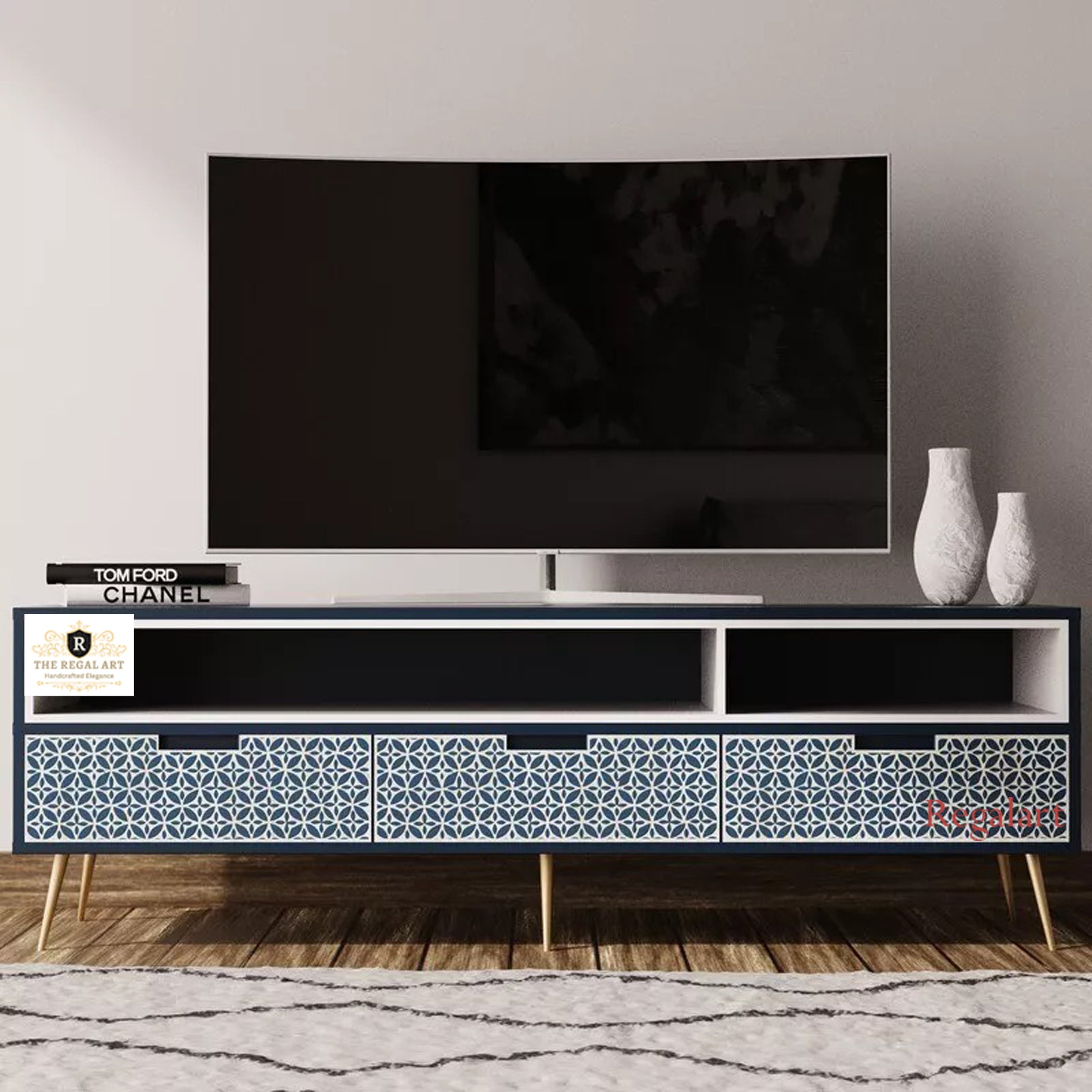 Bone Inlay Media Unit Entertainment | Geofloral Navy Blue TV Unit