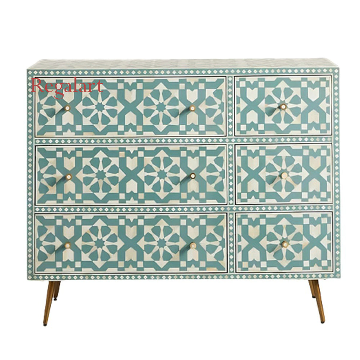 Luxury Aqua Blue Bone Inlay Chest of Drawers with Moroccan Geometric Inlay and Brass Legs