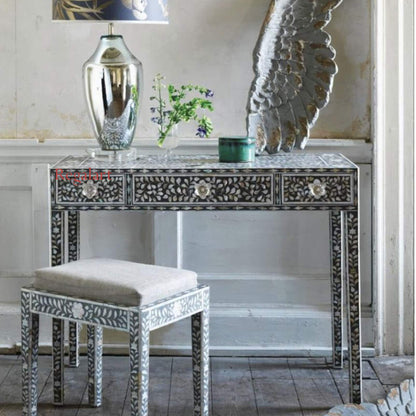 Mother of Pearl Console Table in Dark Grey | Handmade Study Desk | Elegant Bone Inlay Desk for Home Office Décor