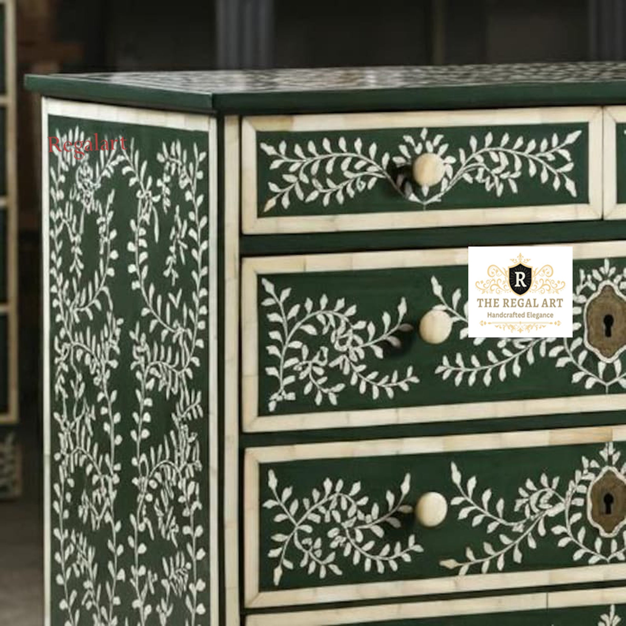 Five Drawer Bone Inlay Chest | Leaf Pattern Dresser | Dark Green Bone Inlay Chest | Dressers for home | 5 Drawers Chest for home