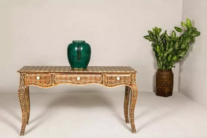 Vintage Console Table Three Drawers Louis XV Style Anglo-Indian Bone Inlay Furni