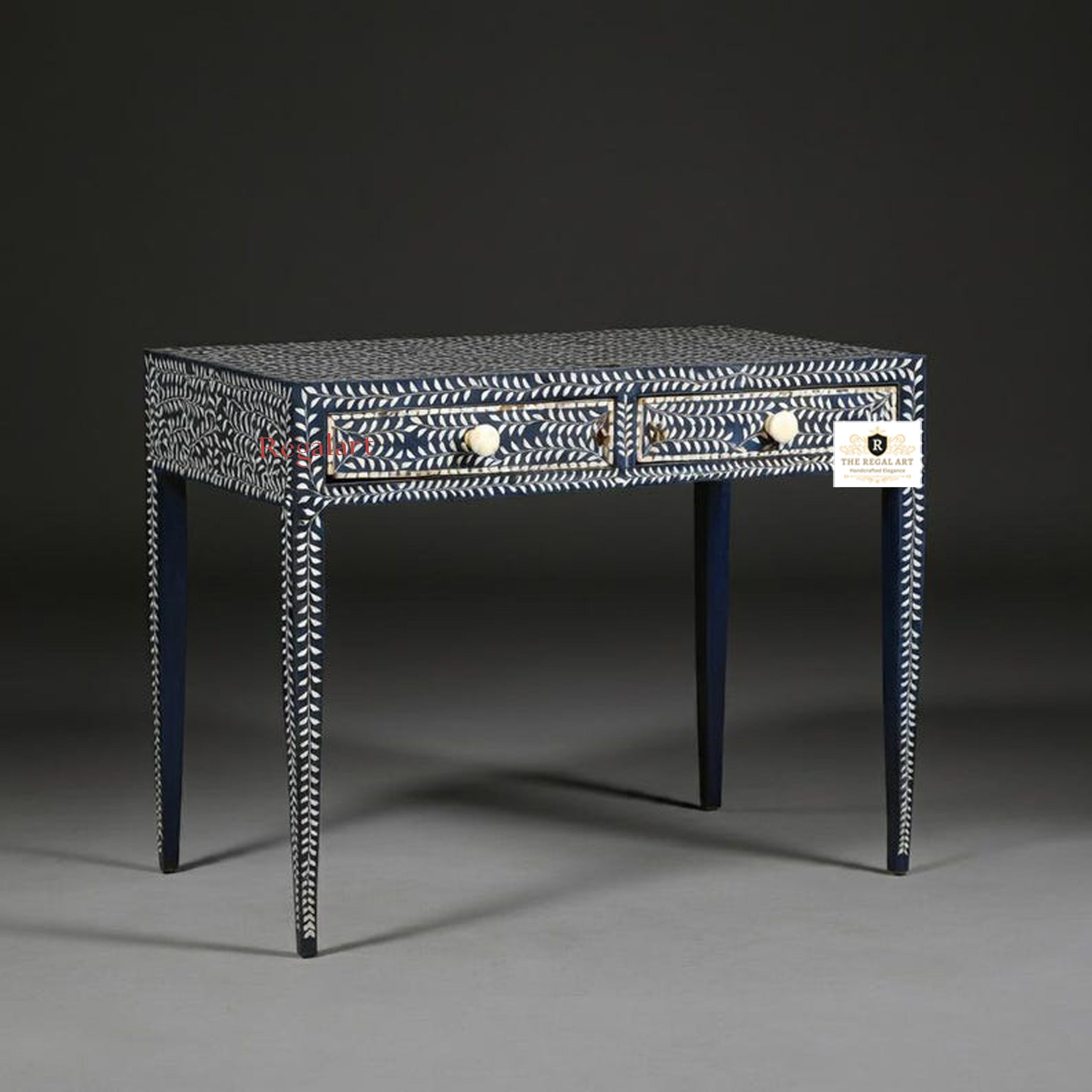 Bone Inlay work desk | Floral pattern study table two drawer