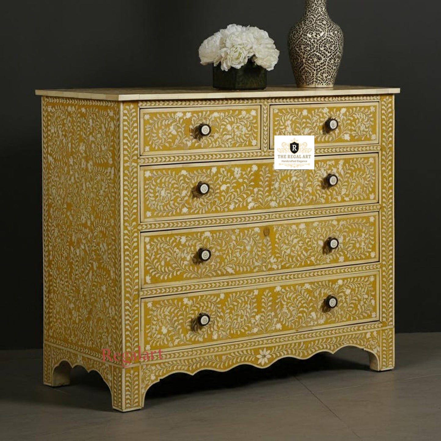 Bone Inlay Chest with Six Drawers - Herringbone Design Dresser