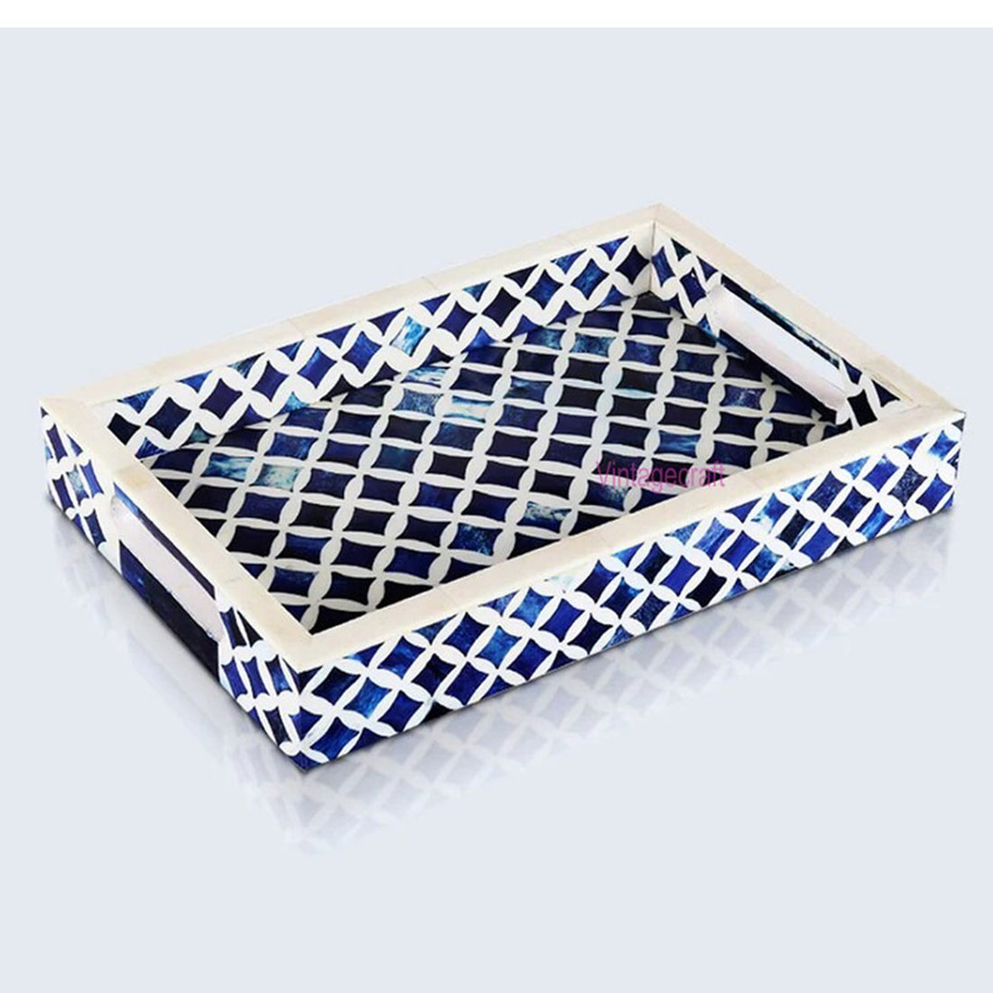 Handmade Blue Bone Inlay Kitchen Serving Tray with Floral Pattern – Decorative Home Décor Accent