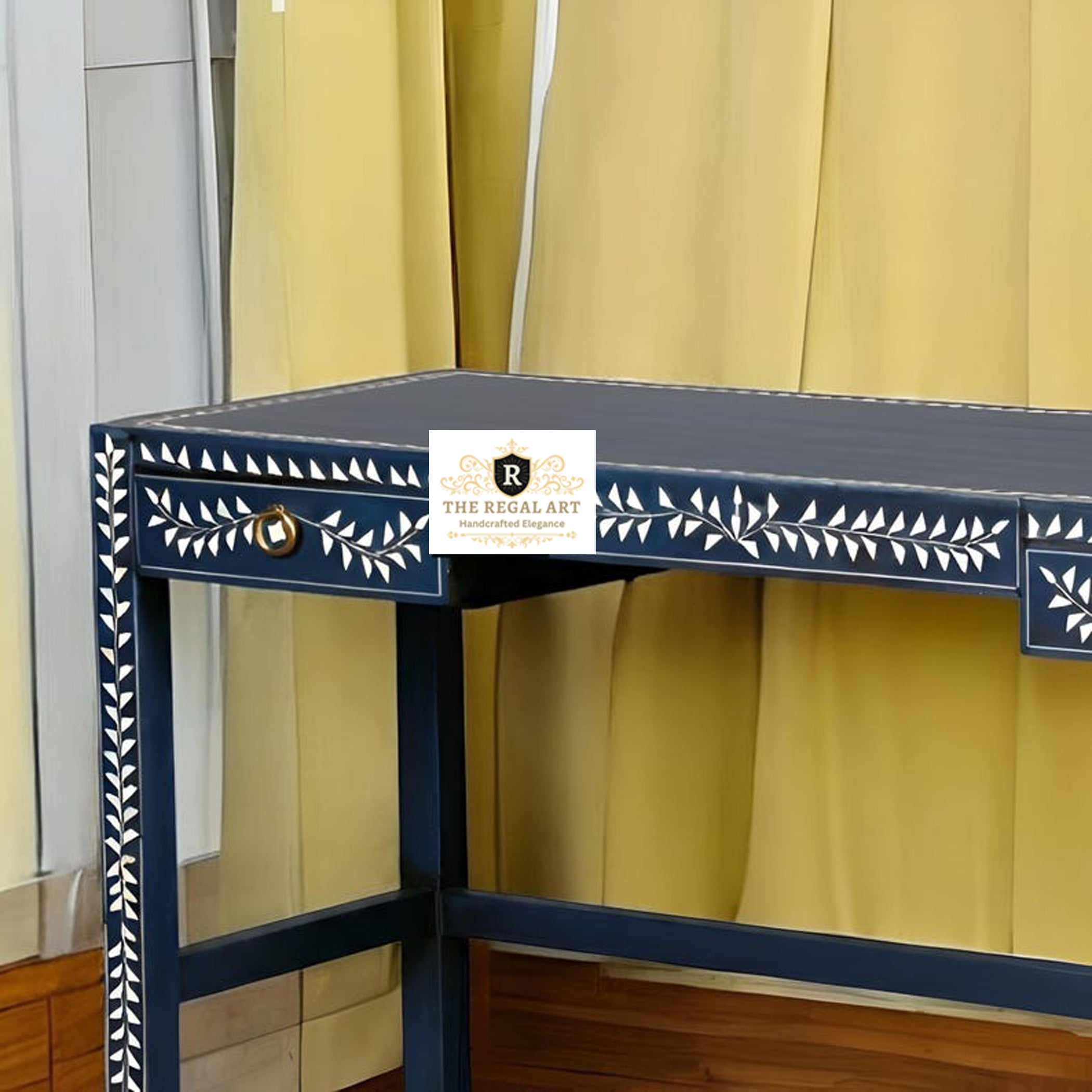 Floral pattern Bone Inlay work desk | Blue Inlay Desk | Desk with Footrest  Bone Inlay Desk | Navy Blue Desk