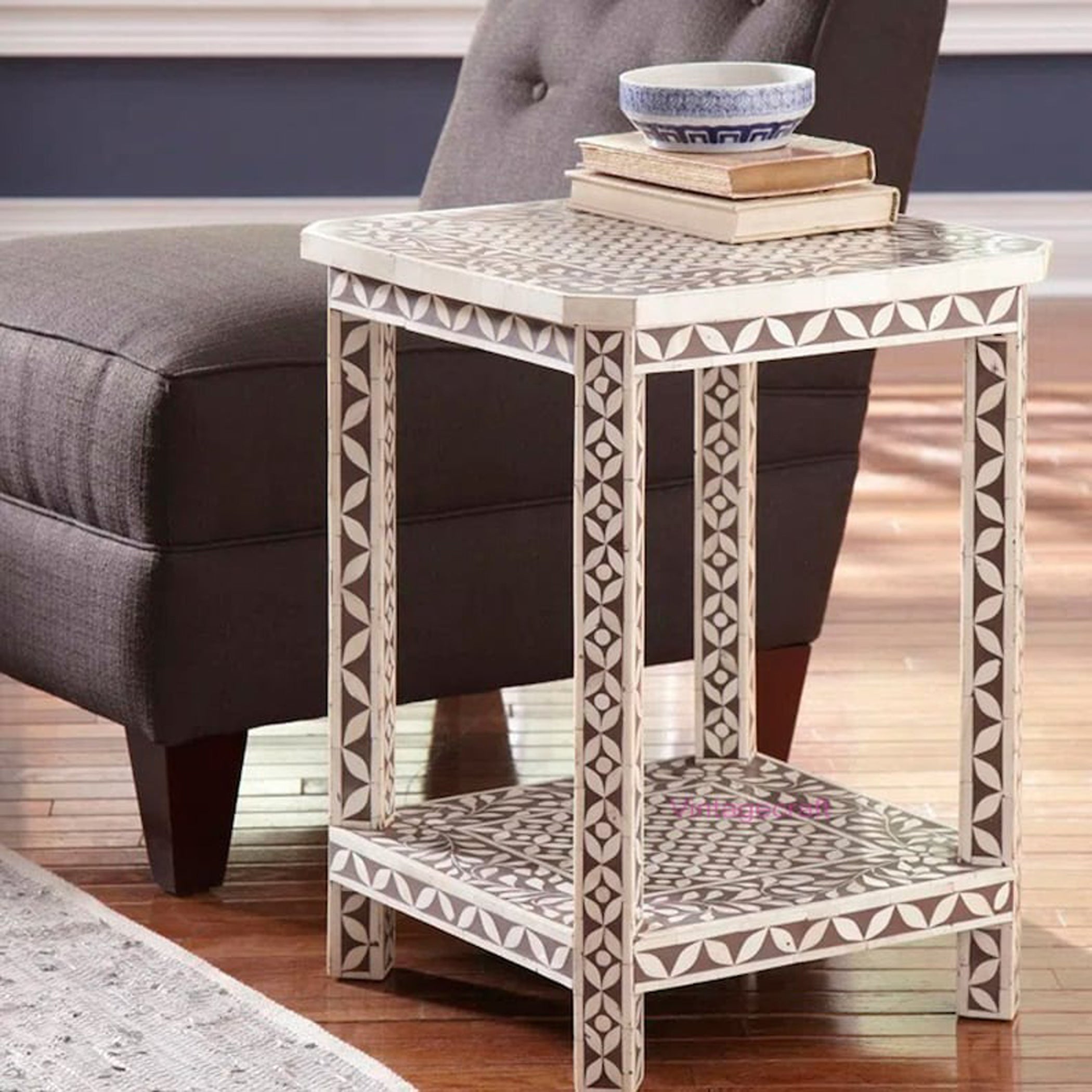 Bone Inlay End Stool | Floral Chic Side Table Decor