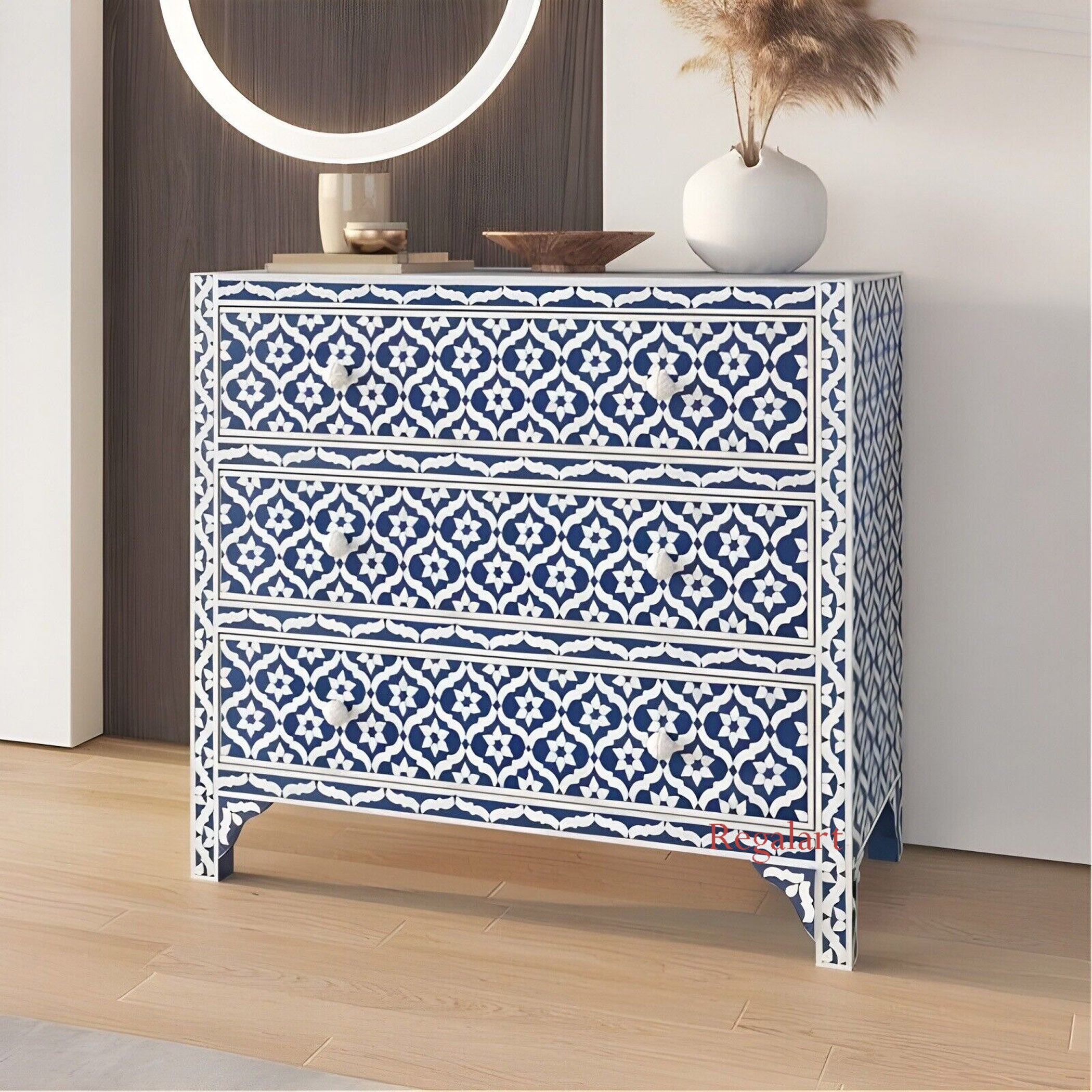 Luxury Navy Blue Bone Inlay Chest | Vintage Drawers