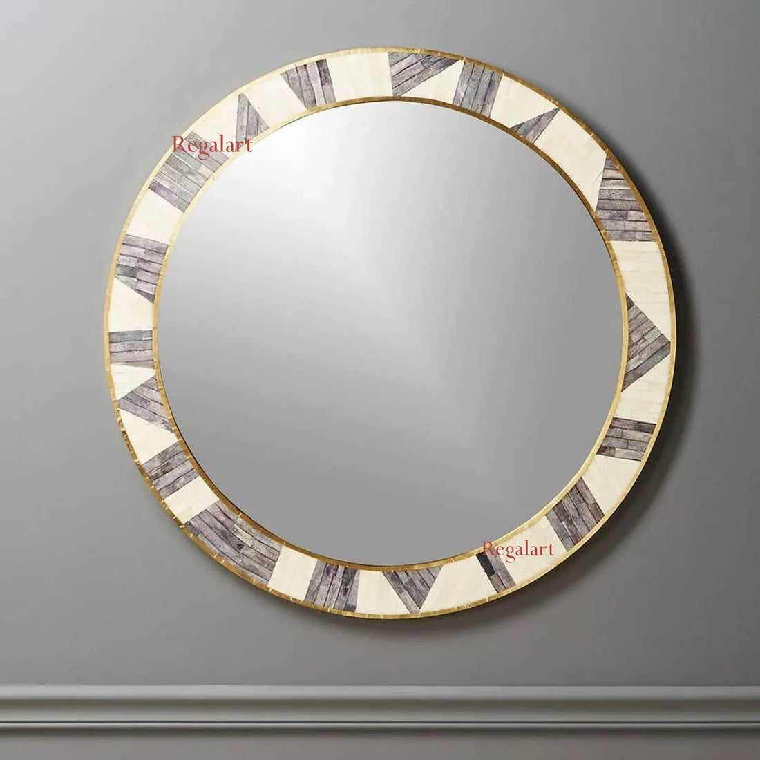 Luxury Round Mirror Frame – White Grey Bone Inlay Design