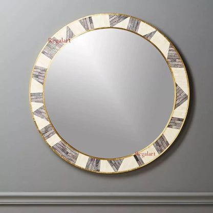 Bone Inlay Round Mirror | White with Grey Striped Pattern | Modern Home Decor