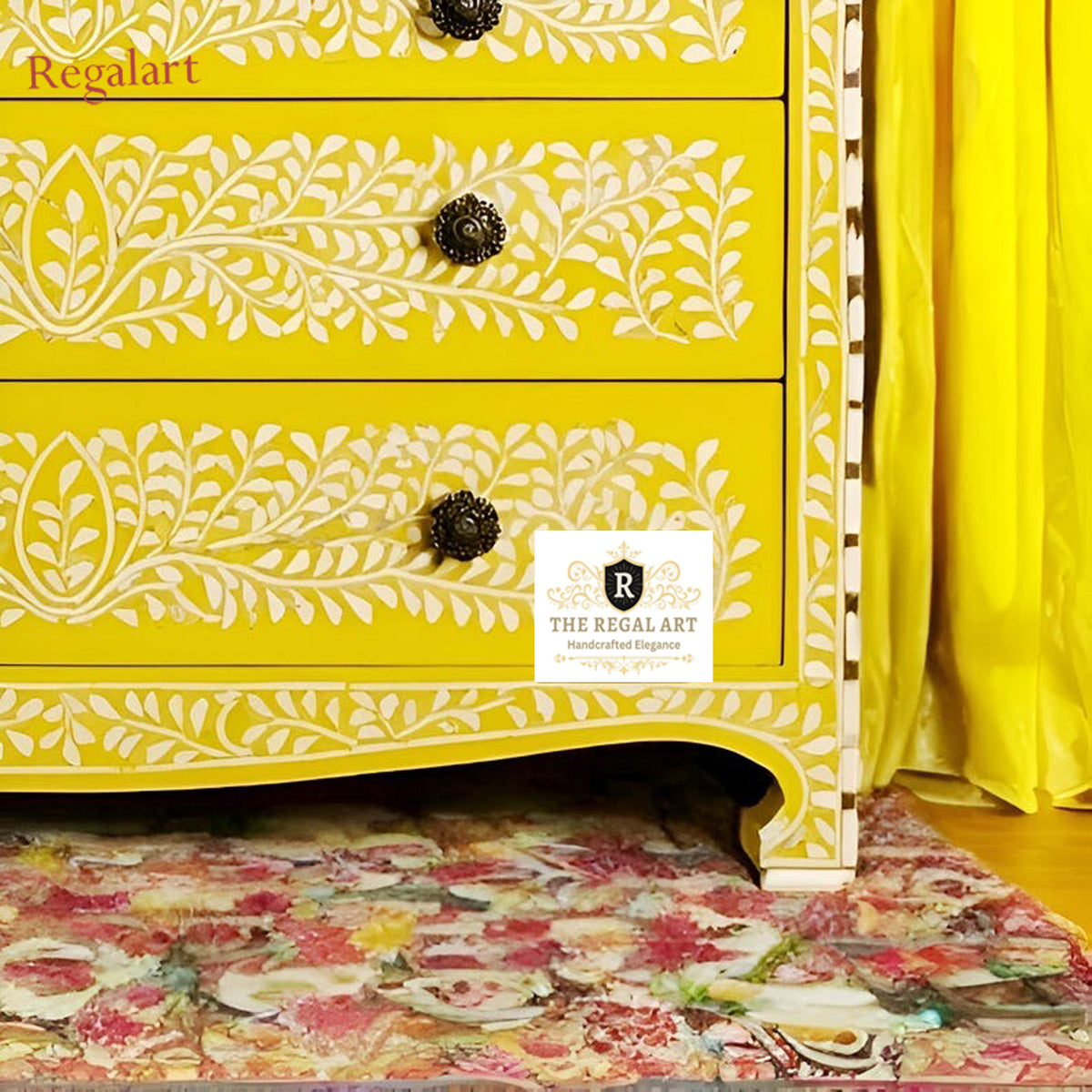 Close-Up of Yellow Bone Inlay Chest Leg and Handcrafted Floral Inlay Details