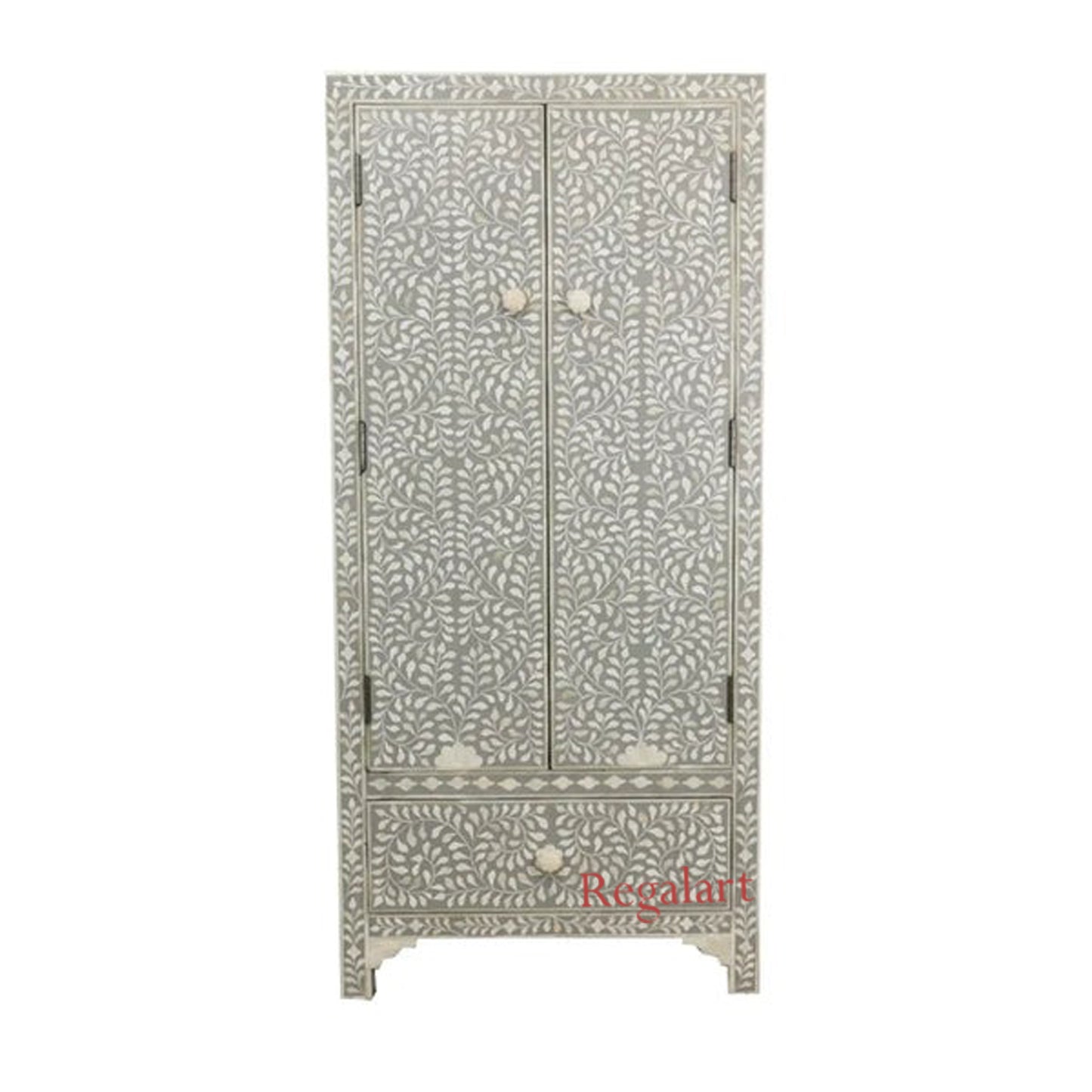 Bone Inlay Armoire | Antique Floral Wardrobe – 2-Door, 1-Drawer Storage Armoire for Bedroom & Home Décor