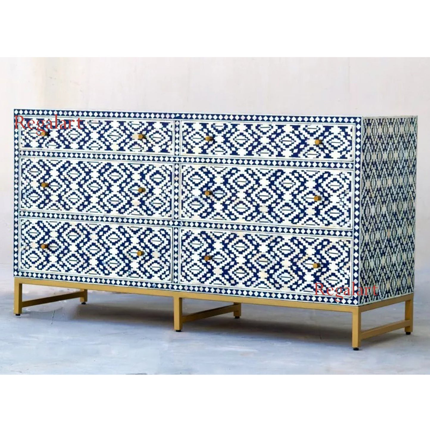 Bone Inlay Sideboard - Navy Tribal Ikat Living Room Furniture- MADE TO ORDER