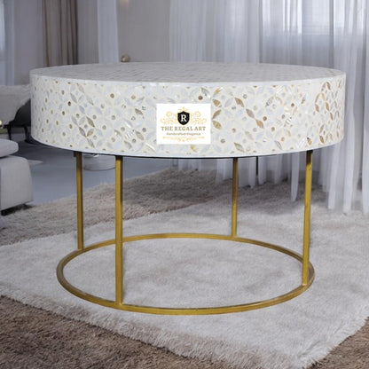 Round Mother of Pearl Coffee Table with Metal Stand - White Petal Design