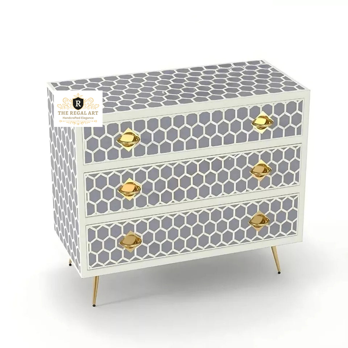 Handmade White Bone Inlay Chest of Drawers with Honeycomb Pattern and Brass Knobs for Luxury Home Décor