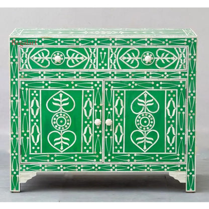 Bone Inlay Chest Of Drawers Drawer, 2 Doors 1 Drawer, Cabinet - Green Leaf Patte