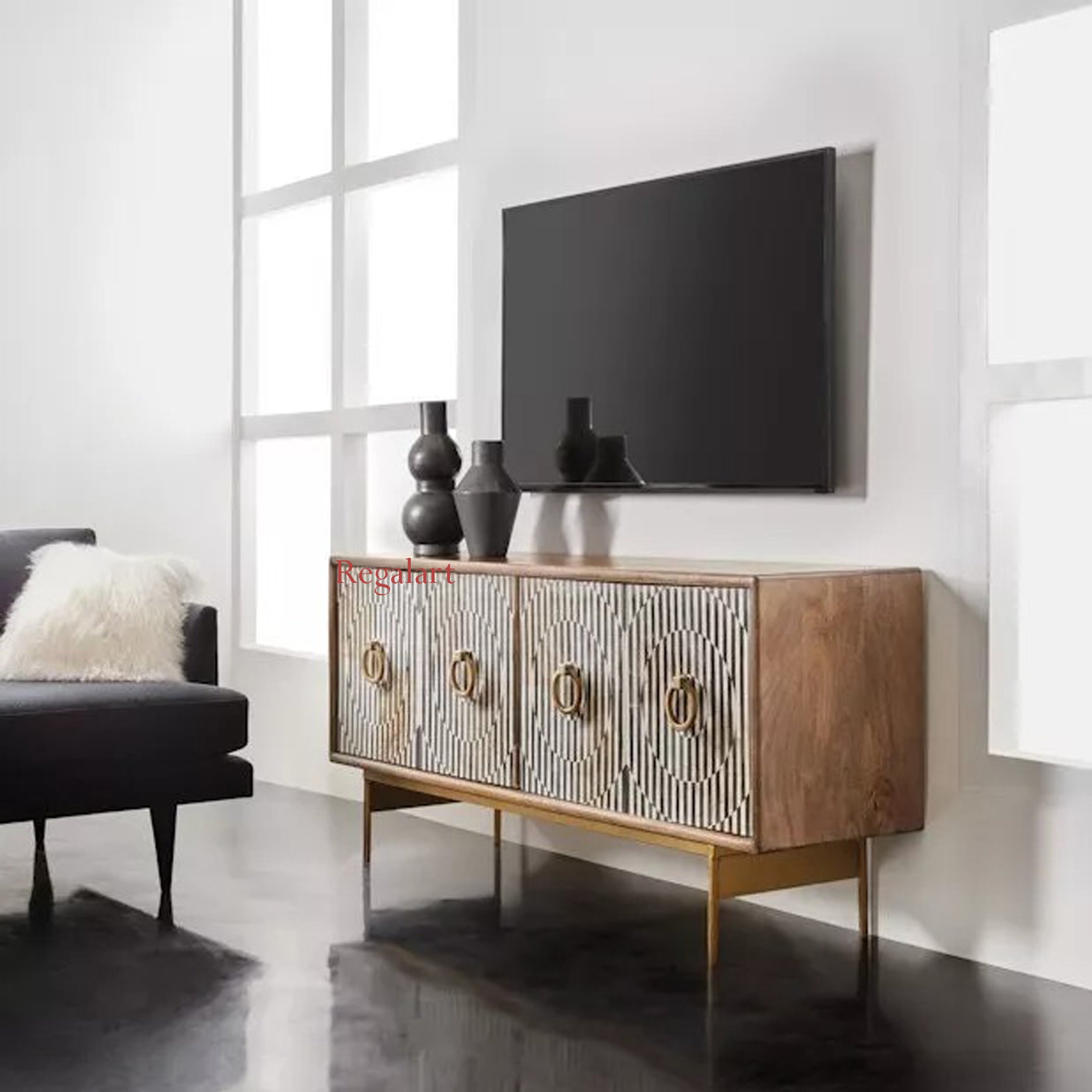 Bone Inlay Media Cabinet | Handmade TV Unit Furniture