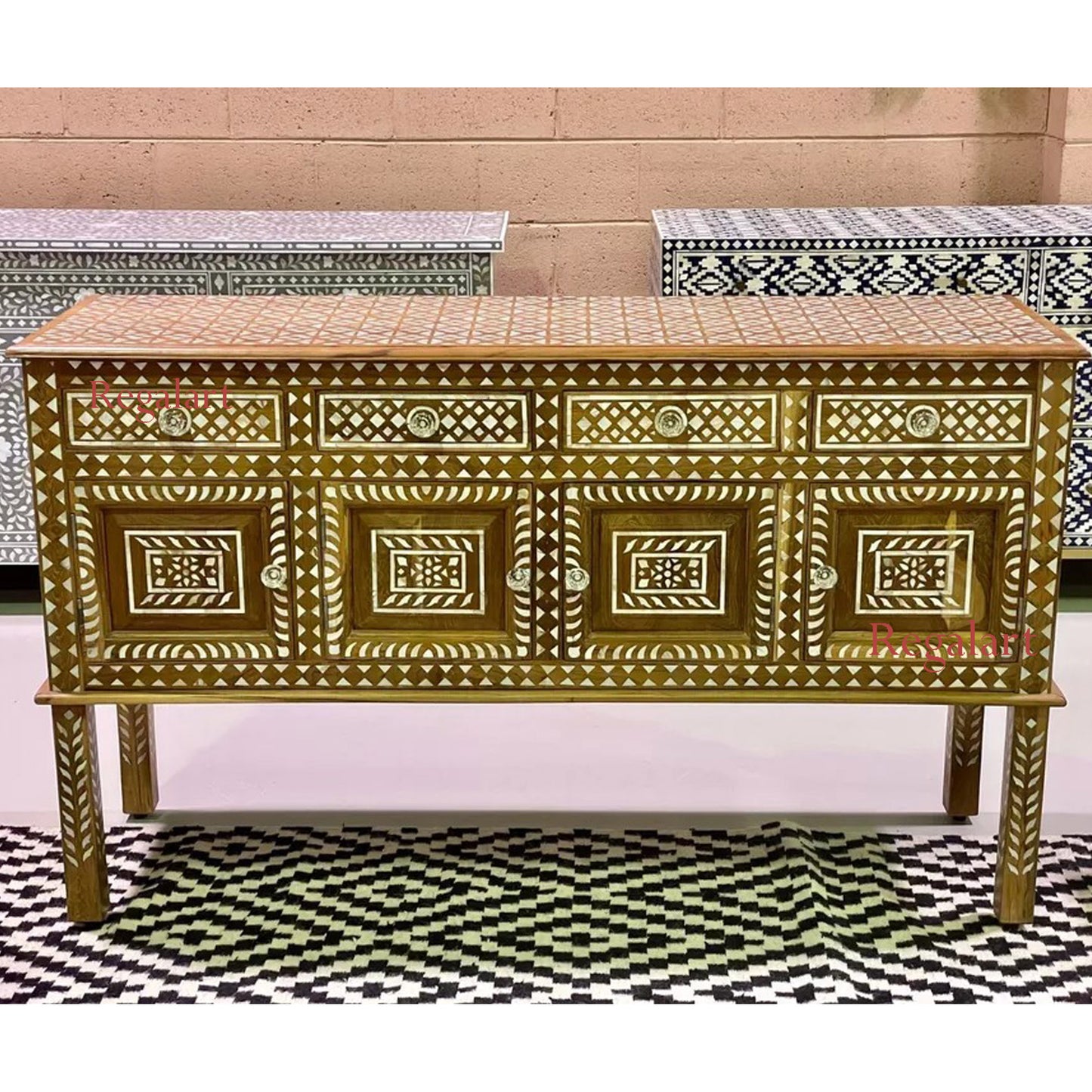 Wooden Sideboard Buffet Cabinet Handmade Mother Of Pearl Home Décor Living Room