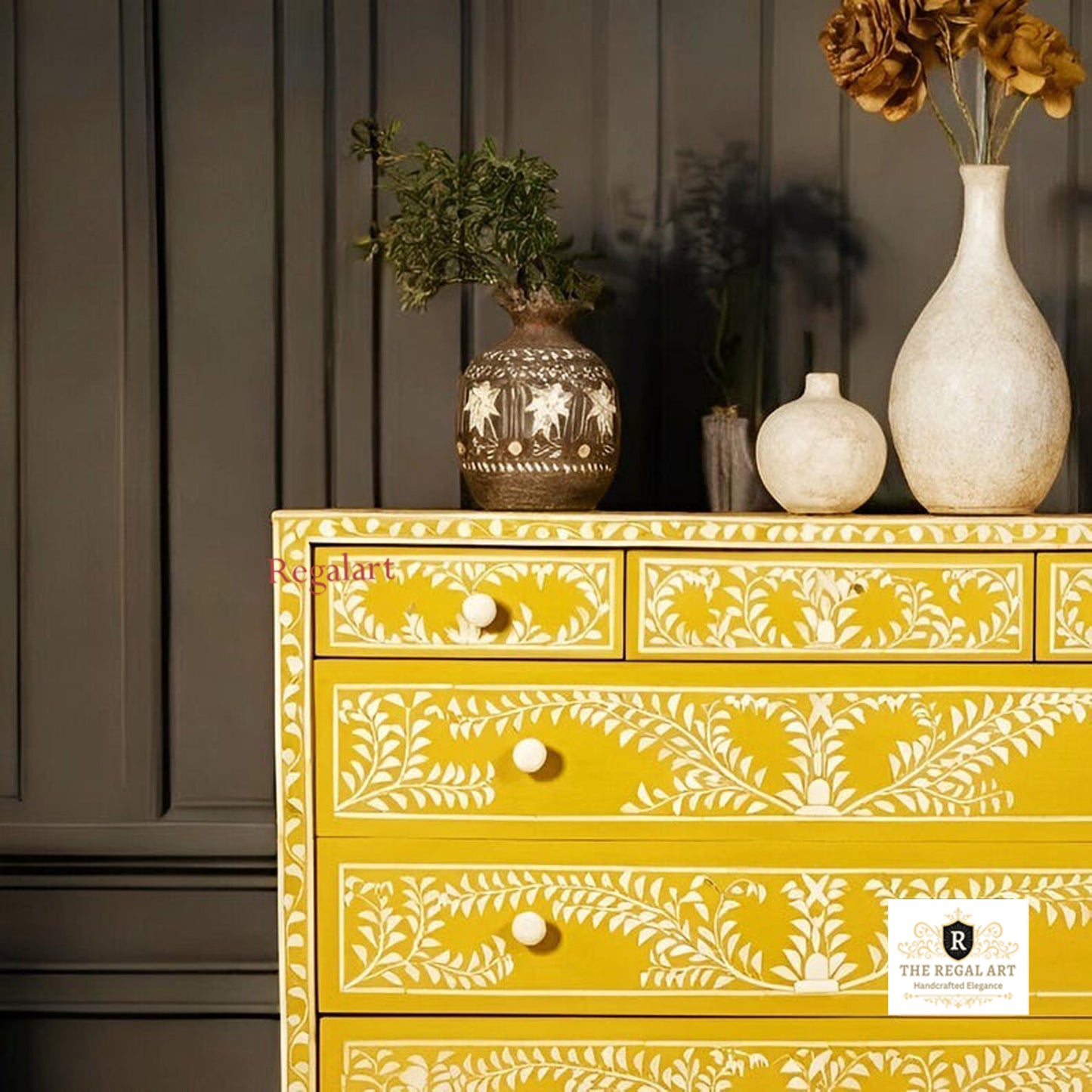 Premium Bone Inlay Six Drawer Chest | Floral Yellow Dresser | Home Storage Solution