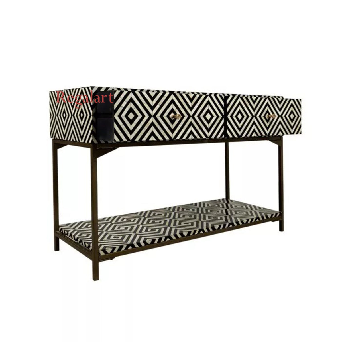 Handmade Bone Inlay Console Table with Black and White Geometric Inlay and Metal Base with Storage Shelf