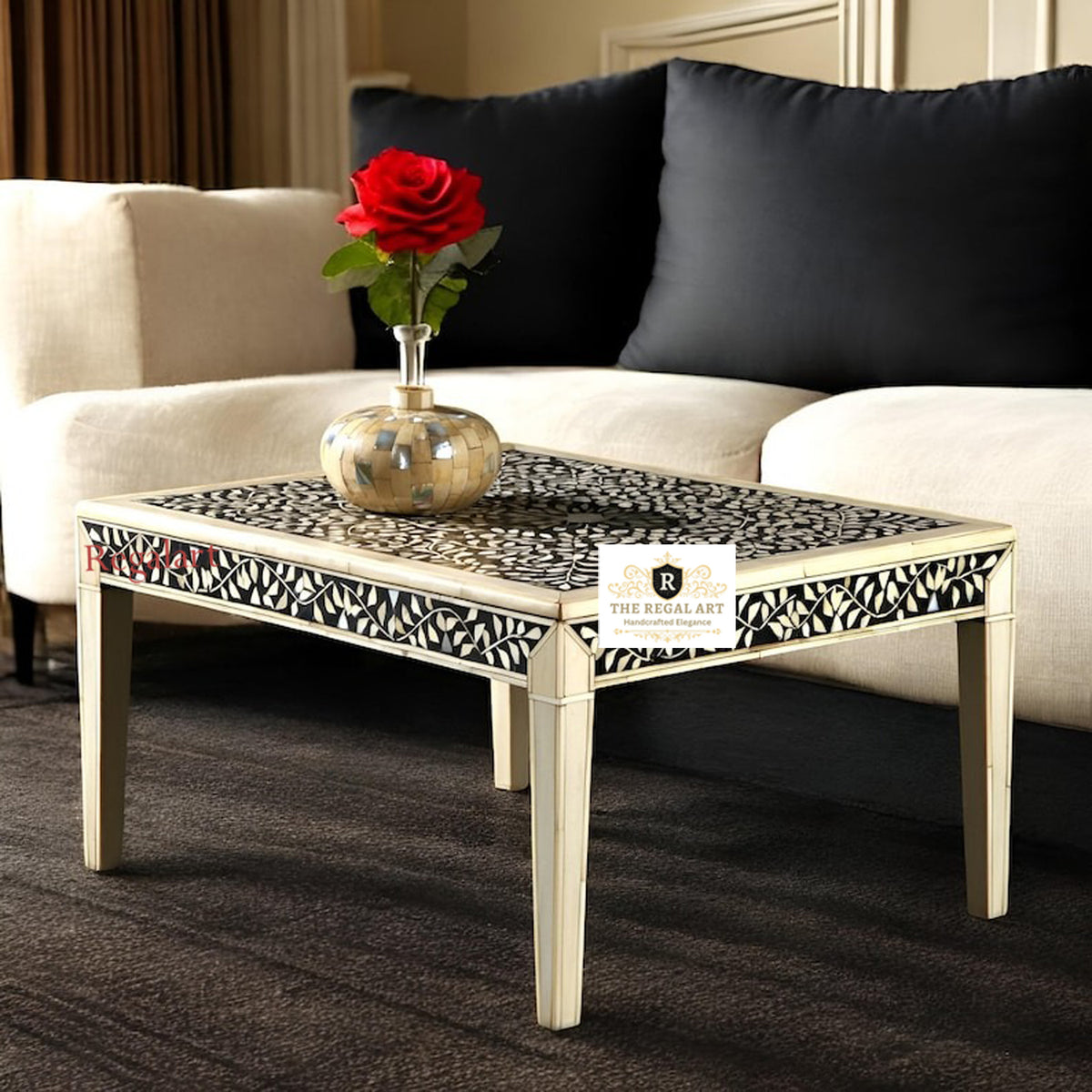 Premium Rectangular Bone Inlay Coffee Table Featuring Handcrafted Floral Pattern and Elegant Design