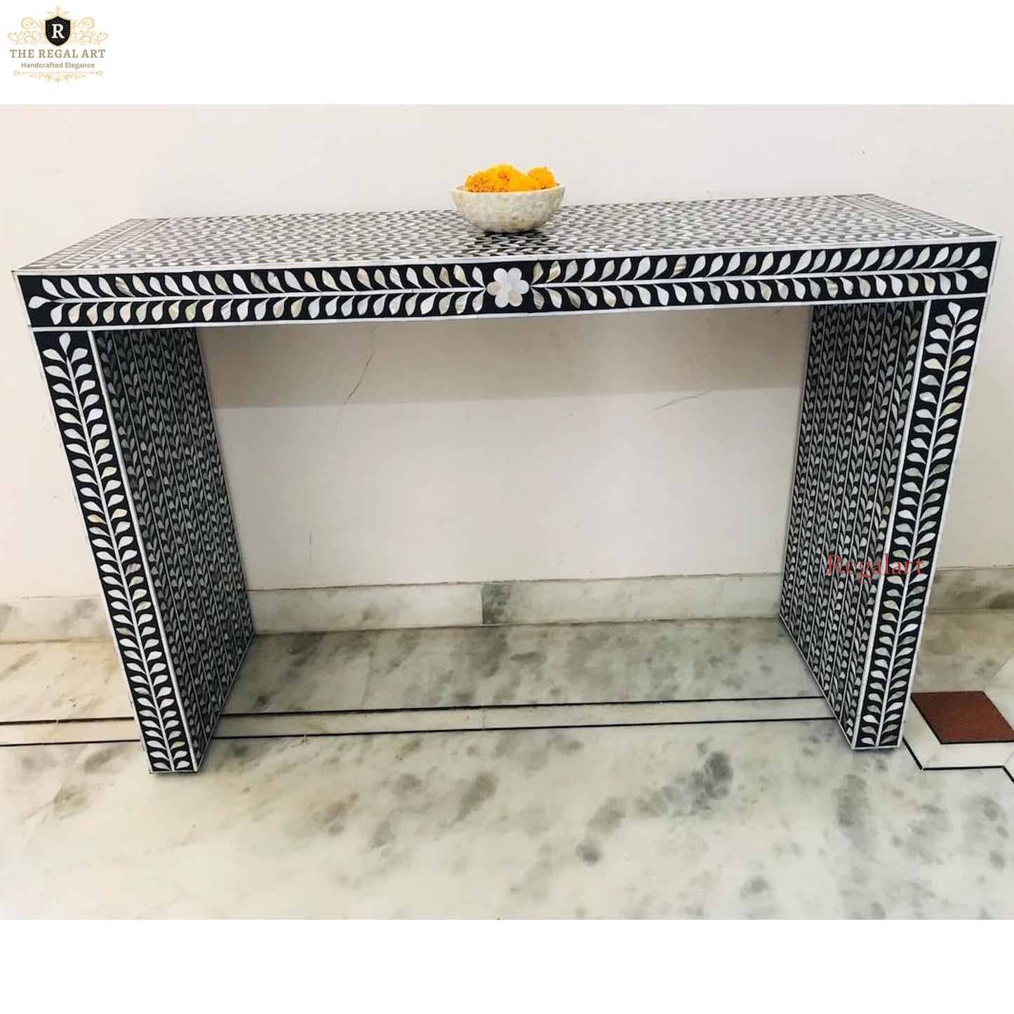 Handmade  Mother of Pearl Console Table with Floral U Shape Design